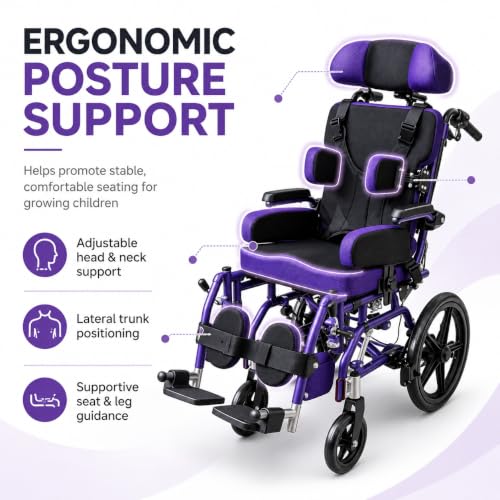 Image of Pediatric Cerebral Palsy Wheelchair - Foldable Adjustable Reclining Wheelchair for Kids,Children's Mobility Wheelchair,Ergonomic Medical Transport Chair for Children with Special Needs (Purple)