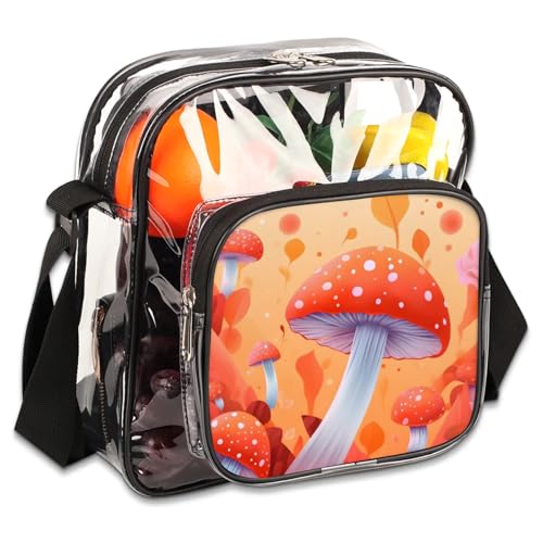 Clear Crossbody Bag Stadium Approved Cartoon Mushroom Transparent Bag for Festivals, Sports Events, Concerts,Beach Bag for Women Men Clear Purse with Front Pocket Messenger Bag with Adjustable Strap