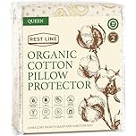 Queen Size 21 X 31” Set of 2 Premium Organic Cotton Waterproof Zippered Pillow Protector 100% Cotton, Hypoallergenic, Bed Bug Proof, Invisible Zipper, Soft & Breathable Pillow Case Cover - Rest Line
