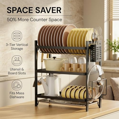 Image of COMFYHOME Dish Drying Rack, 3-Tier Wrought Iron Space-Saving Kitchen Dish Drainer with Drainboard & Utensil Holders, Rustproof Counter Organizer for Plates, Utensils, Bartan