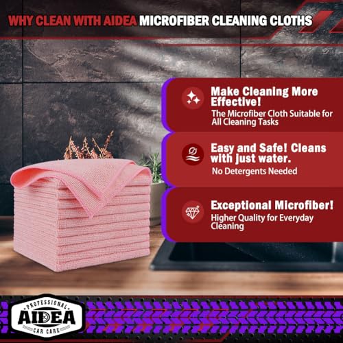 Image of AIDEA Microfiber Cleaning Cloth Pink 10PK, Microfiber Towels for Cars, Premium Car Cloths, Dusting Cloth Lint Free Cleaning Rags for SUVs, House, Kitchen, Window, Workshops,12x12 inch