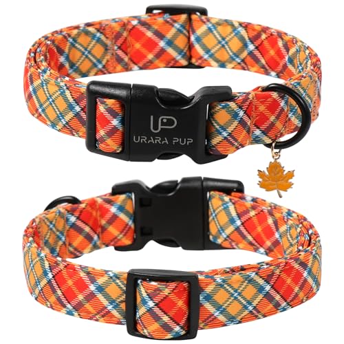 Image of Autumn Plaid Dog Collar - Adjustable Orange Tartan Dog Collar with Fall Leaf Charm, Cozy Fall Vibes Orange Yellow Grid Puppy Collars for Small /Medium /Large Dogs