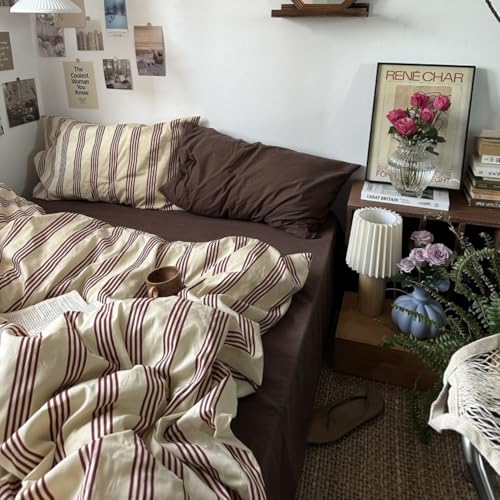 Image of Striped Duvet Cover Set Twin Size Reddish-Brown Stripes Comforter Cover Retro Vertical Ticking Stripes Pattern Soft Breathable Microfiber Bedding Set with Zipper Closure and 1 Pillowcase