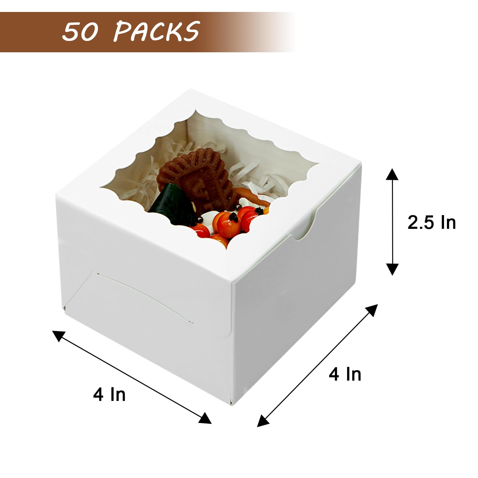XINHPKGG 50 cajas de galletas de 4 x 4 x 2.5 pulgadas con ventana: cajas de panadería de Navidad, mini cajas de pasteles, cajas de dulces para cupcakes, dulces, chocolates, fresas, postre, blanco