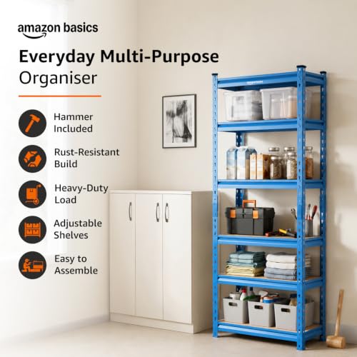 Image of Amazon Basics 6-Tier Storage Rack | Bolt-Free Assembly | Metal Stand & Thick MDF Board | 175kg Capacity Per Shelf | 72H x 24W x 12D inch Adjustable Shelf Rack for Home, Garage & Shop | Blue