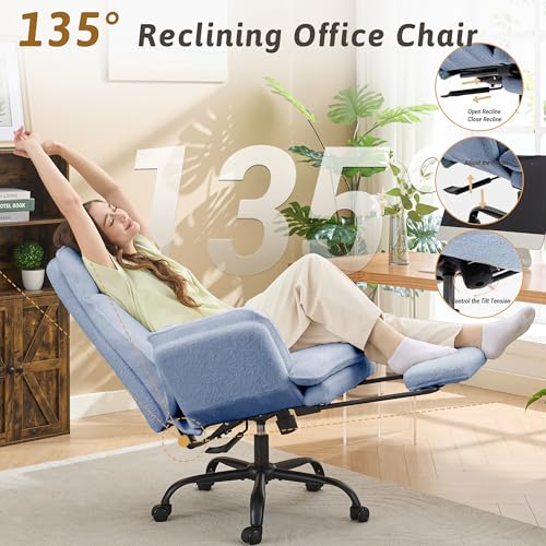 Image of Wider Seat Office Chair with Flip Armrests for Criss Cross Legged&Cats, Big and Tall Executive Ergonomic Reclining Chair with Footrest&Lumbar Pillow, Teddy Fleece Desk Chair, Blue Vanity Chair