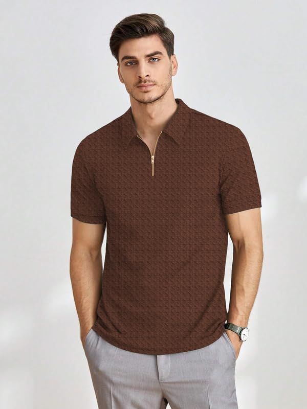 Image of KAJARU Men's Polyster Blend Regular Fit T-Shirt with Half Sleeve Chain Polo Collar V-Neck Standard Length and Classic Style