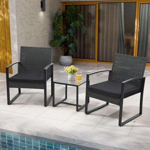 Murago 3 Piece Wicker Patio Bistro Set, Rattan Conversation Set with Coffee Table, for Balcony, Porch, Garden, Yard, Poolside, Black Frame with Black Cushion - Image 2