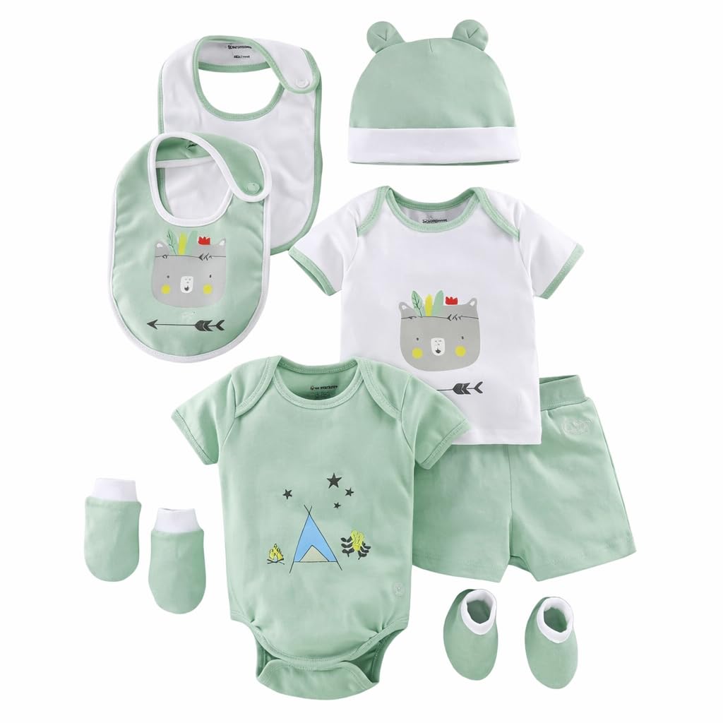 My Milestones Cotton 8 Pieces New Born Baby Gift Set, Infant Gift Set, Clothing Set For Boys - 0-6 Months (Sage Green)-image-37
