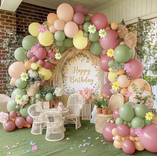 Image of Pastel Pink Yellow Green Balloon Arch with Artificial Flower Double Stuffed Dusty Green Pink Peach Mauve Balloon Garland Kit for Tea Party Wildflower Spring Birthday Baby Shower Fairy Party Decor