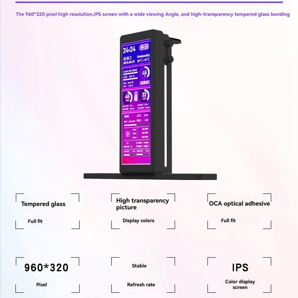 Monitor Secundario USB de 4.58 Pulgadas IPS para Monitoreo de Temperatura del Chasis, Velocidad del Ventilador, CPU, GPU y RAM. Color Negro.