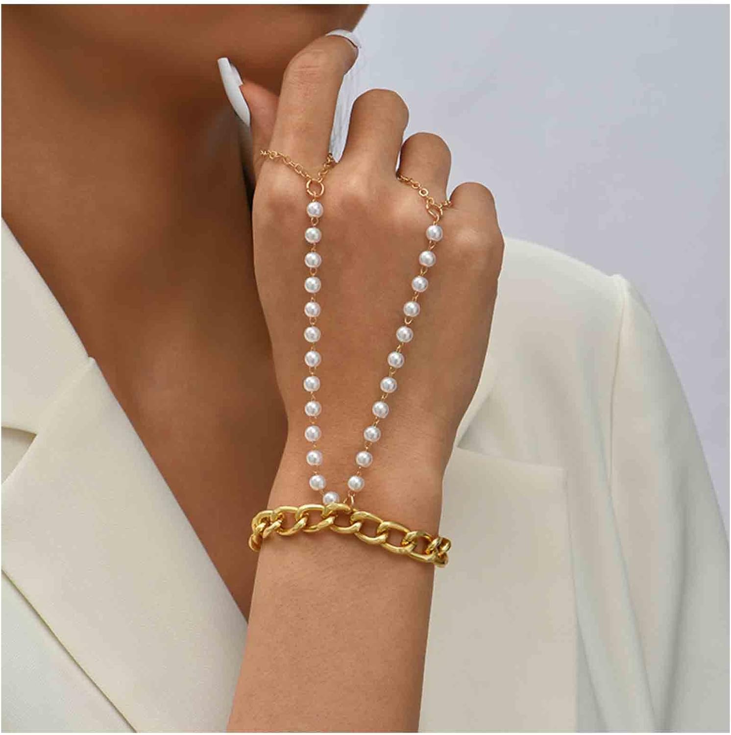 Boho Layered Pearl Finger Bracelet Gold Slave Bracelet Vintage Finger Chain Bracelet Summer Ring Bracelet Pearl Wedding Bracelet Hand Chain Jewelry for Women Gifts - Image 2