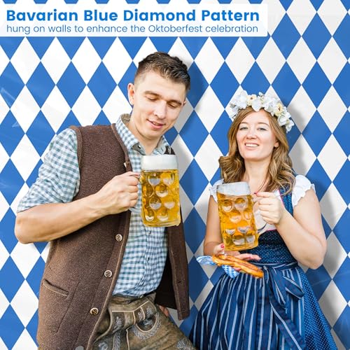 Image of Kochorie100 Ft x 54 Inch Oktoberfest Plastic Tablecloth Roll with Slide Cutter Box Disposable Bavarian Blue & White Argyle Design, Waterproof Blue Diamond Table Cover for Festivals Events Party Decor