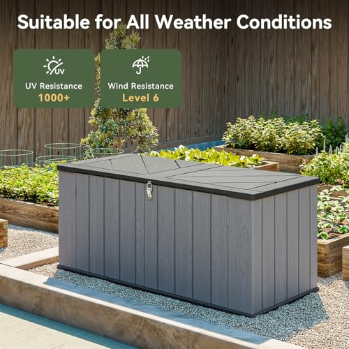 Image of AOXUN Horizontal Storage Sheds 21 Cu.ft, HDPE Outdoor Storage Box 160 Gallon, Waterproof Lockable Resin Deck Box with Spring-Assisted Lid, Patio Storage for Garden, Pool, Cushions, Tools, Grey
