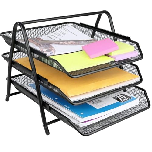 Bandeja Escritorio Organizador de Escritorio, Bandeja para Cartas de 3 Niveles, Organizador de Documentos para Mesa, Bandeja Organizadora Documentos, Malla Metálica, Negro