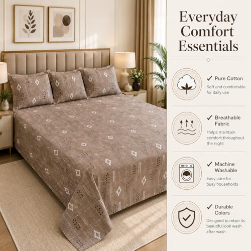 Image of 100% Pure Cotton King Size Bedsheet with 3 Pillow Covers | Family Size 90 x 100 Inches | Soft & Breathable Cotton Bedsheet fits Double Bed, Queen Bed, King Bed | Dark Beige Geometric Print
