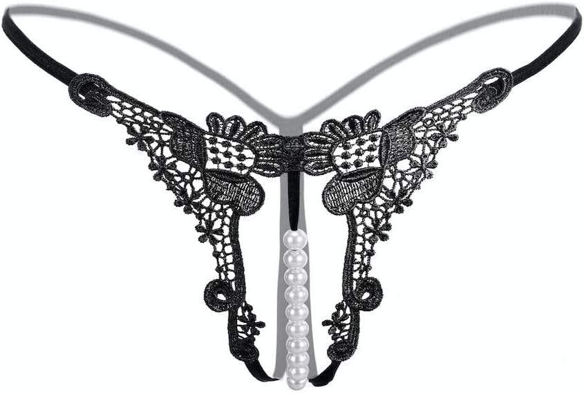 kissunSexy Lingerie for Women G-string with Pearl Embroidery Lace Low-waist Open Crotch