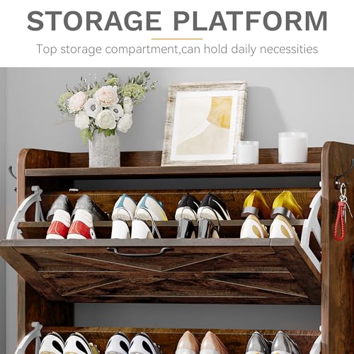 DWVO Farmhouse Shoe Storage Cabinet with 3 Flip Drawers, Slim Shoe Cabinet for Up to 24 Pairs, Narrow Shoe Rack for Entryway, Living Room, Hallway (Rustic Brown)