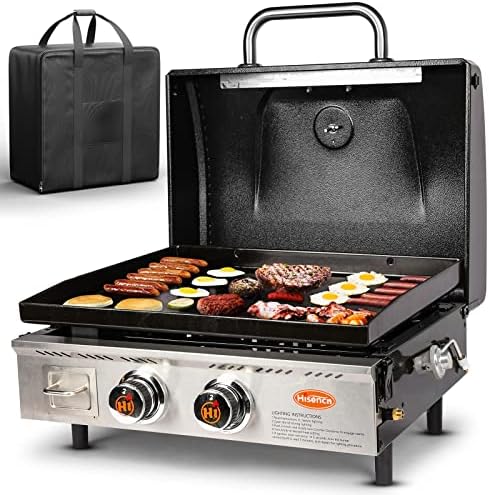 Hisencn Portable Griddle for Outdoor, Tabletop, Countertop, Kitchen, Tailgating, RV - Nonstick Camping Griddle 348 sq. in. 24000 BTUs Griddle for Gas Grill, 22 Inch with Hood, with Carry Bag