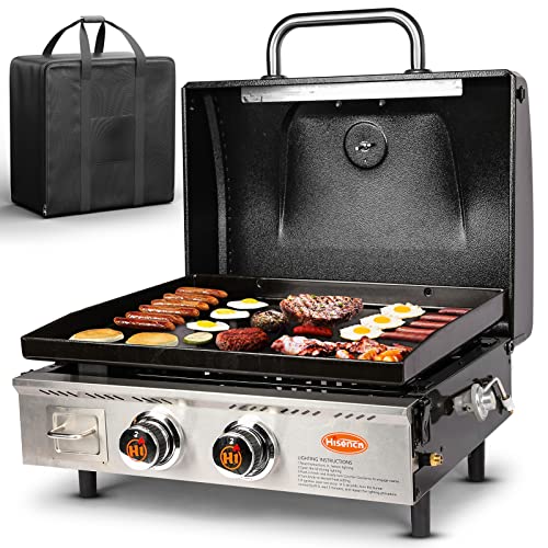 Hisencn Portable Griddle For Outdoor, Tabletop, Countertop, Kitchen, Tailgating, Rv - Nonstick Camping Griddle 348 Sq. In. 24000 Btus Griddle For Gas Grill, 22 Inch With Hood, With Carry Bag #TOP20