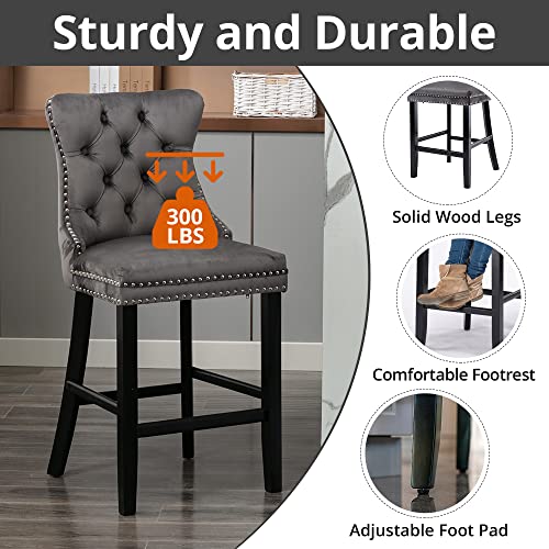 I-Pook Counter Height Bar Stools Set Of 2, Velvet Upholstered Barstools With Button Tufted, Nailheads Trim And Solid Wood Legs, Full Back Bar Chairs For Kitchen Island Dining Room Pub Cafe, Gray #TOP4