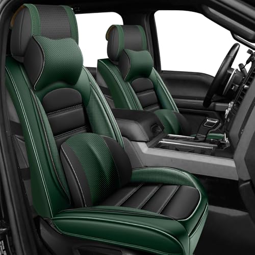 Image of Full Set Car Seat Covers for Ford F-150 F-250 F-350 XL XLT STX Lariat King Ranch Platinum Raptor Seat Covers 2007-2026, Waterproof Seat Protectors(Luxury 5 Seats /Black&Green)