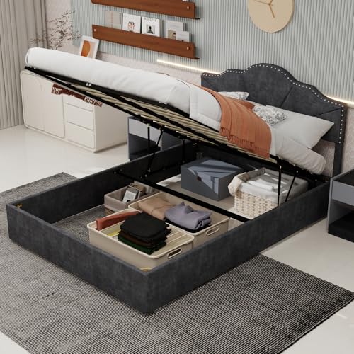 Boxspringbett 160x200 cm Grau | Modernes Schlafzimmermöbel mit Stauraum & Geometrischem Kopfteil | Hochwertiges Rippenbettgestell & Pneumatik-System | Sofort Aufbaubar