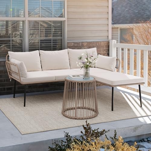 YITAHOME 3 Piece Patio Furniture Set Wicker Patio Sectional with Detachable Cushions and Coffee Table Outdoor Furniture Set L-Shaped Sectional Conversation Sofa Set for Backyard Porch Balcony – Beige