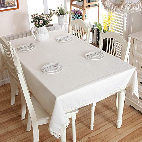 Enova Home Natural Elegant Rectangular Solid Thicken Cotton and Linen Tablecloth Dust Proof Table Cover for Kitchen Dinning Tabletop Decoration (Pure White, 54"x 80")