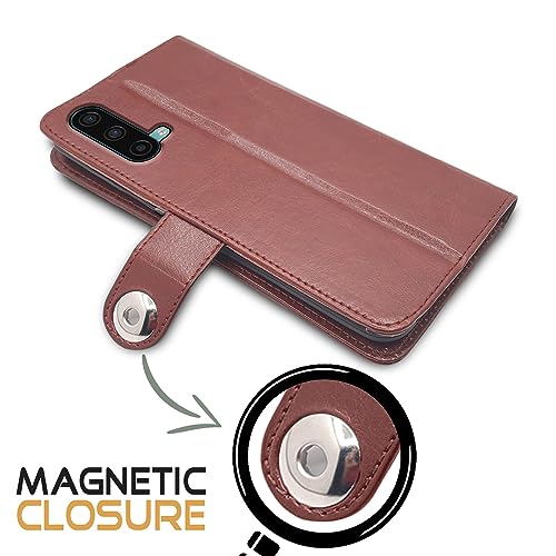 Image of Pikkme Oneplus Nord Ce 5G Flip Cover Leather Finish | Inside TPU with Card Pockets | Wallet Stand and Shock Proof | Complete Protection Button Flip Case (Brown)