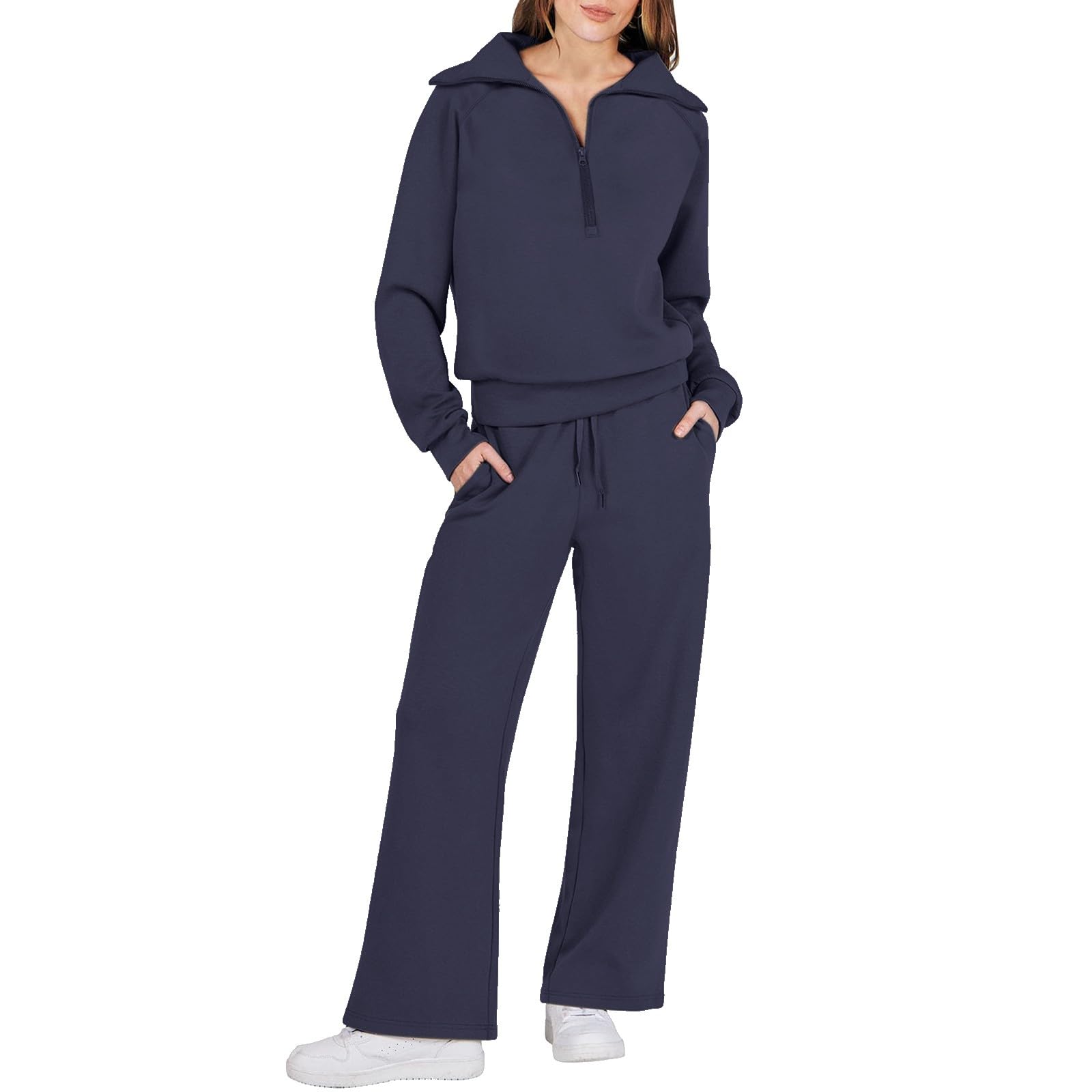 Generisch Tuta da donna in due pezzi da donna tuta sportiva 2 pezzi da donna felpa con cerniera quarta e gamba larga, pantaloni della tuta da donna, Blu marino, M
