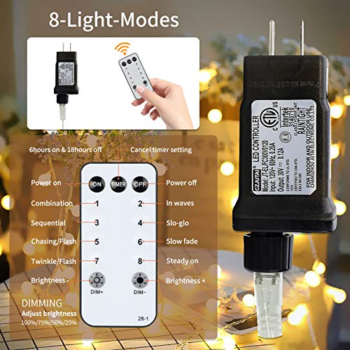 Lichtsnoer met bollen, 15 m, 100 leds, insteken, 8 modi, met afstandsbediening en timer, waterdichte verlichting voor… - Afbeelding 3