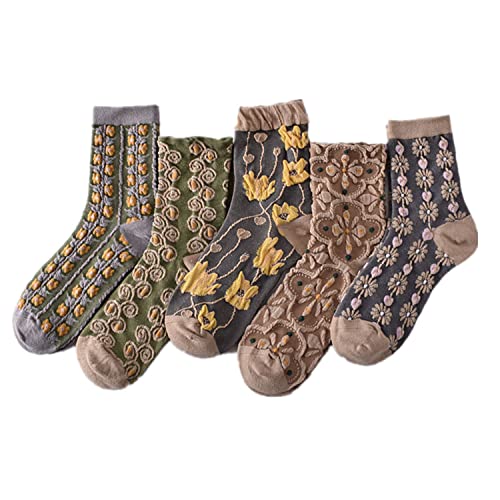 5 Pairs Women's Floral Nordic Stripe Textured Cotton Socks, Girls Vintage Cute Flower Sweet (5-B)
