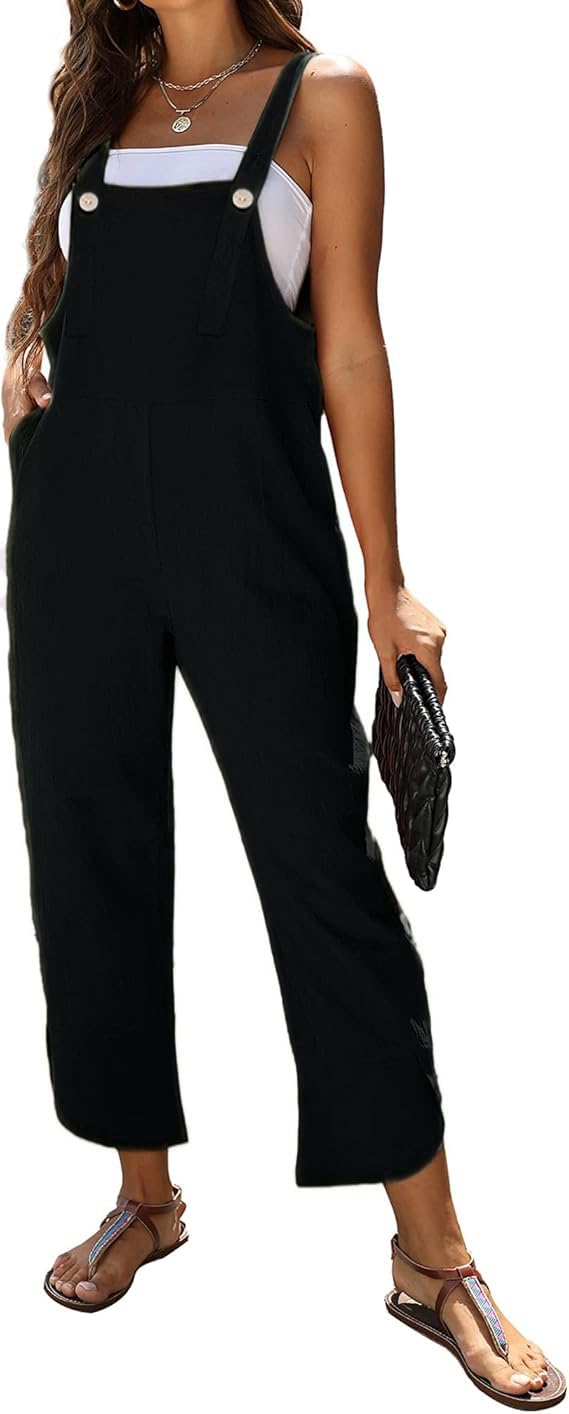 Women's Sleeveless Cotton Linen Overalls Rompers Baggy Wide Leg Jumpsuits