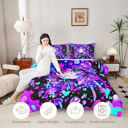 Image of Erosebridal Japanese Girl Bedding Full,Cartoon Girly Comforter Set 3D Anime Gifts Bed Sets Colorful Graffiti Print Duvet Insert 3 Pieces