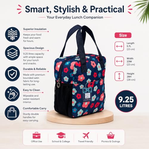 Image of Office Lunch Bag for Men & Women | 9.25 litres Capacity | Bounded Satin Fabric | Black Insulated Tiffin Carry Bag | Durable Lunch Carrier with Double Handles