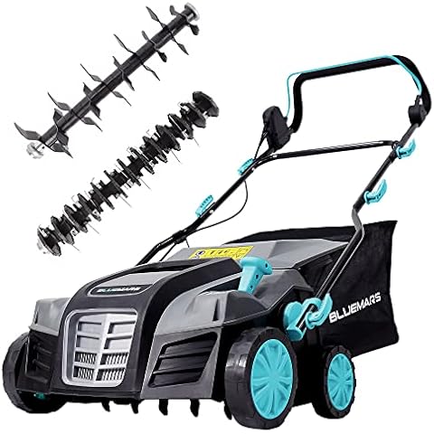 Bluemars Lawn Scarifier and Aerator,2000W Electric Lawn Rake with 40cm Working Width,5 Positions,55L Grass Box, Folding Handle,10M Power Cord Cover