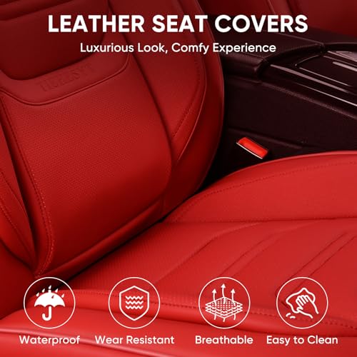 Image of TIEHESYT Leather Car Seat Covers Full Set with Lumbar Support, Waterproof Car Seat Cover, Universal Seat Covers for Cars, Trucks, SUVs, Sedans, Airbag Compatible, Front Pair and Rear, Red