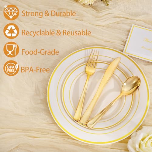 Image of I00000 200 Pcs Gold and Ivory Plastic Plates, Ivory Disposable Party Plates Include 100 Dinner Plate 10'' and 100 Plastic Dessert Plate 7'' Perfect for Birthday, Party & Wedding