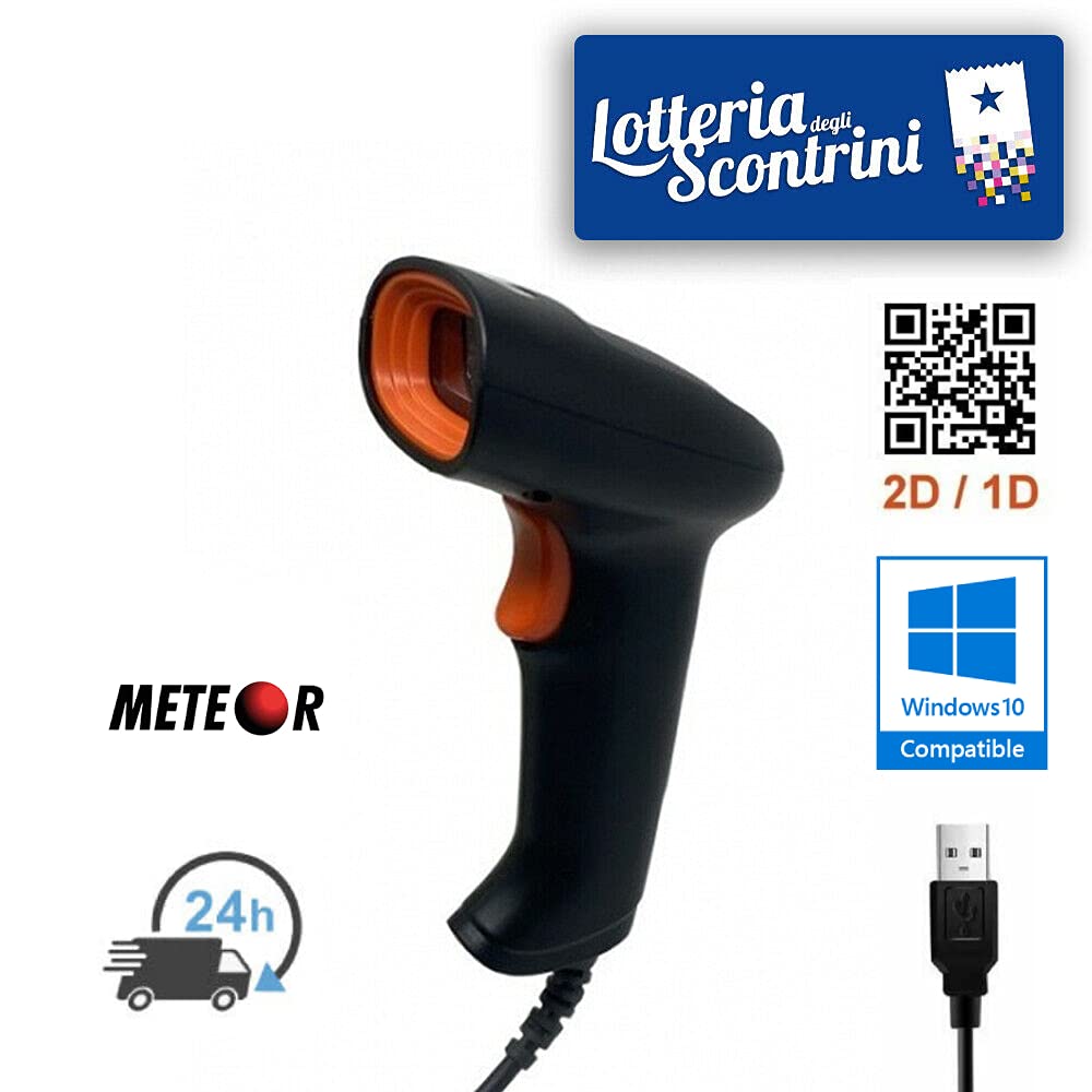 METEOR Lettore Codici Barcode 2D QR Scanner a Barre PROFESSIONALE，Scanner Laser CCD Luce Rossa con Cavo USB per Linux Mac e Windows pc Plug e Play (Nero e Arancione) Computer, Notebook, Windows XP/7/8