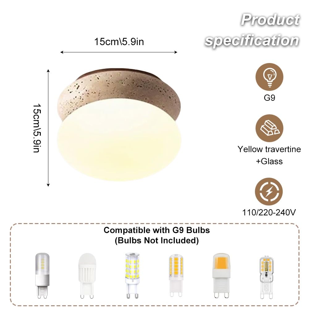 Jadssox Trawertynowa Lampa Sufitowa 5,9" Wabi Sabi Oprawa Oświetleniowa Kamień Naturalny Oświetlenie Blisko Sufitu Biały Szklany Klosz Nordyckie Plafon Do Wyspy Kuchennej Przedpokój Przedpokój