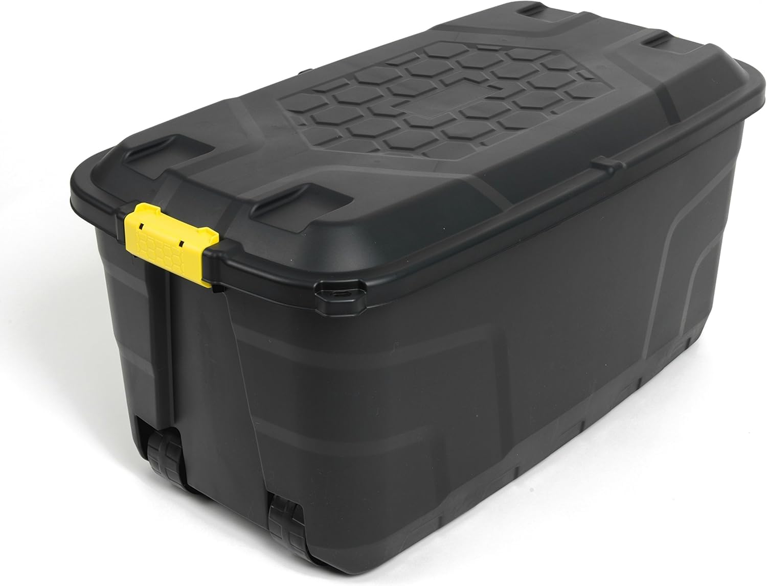 Made in UK Heavy Duty Storage Box with Lid, 175L OR 145L Capacity, Lockable Container with Wheels, Indoor and Outdoor Use, by TFBF (145 Litre)