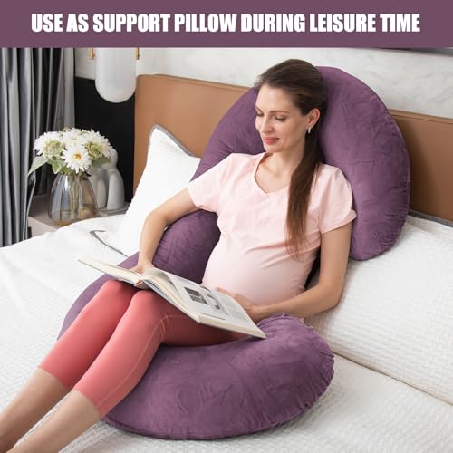 Image of 1 MIDDLE ONE Pregnancy Pillow, C Shaped Full Body Pregnant Women Sleeping Pillow for Maternity Support with Cover (Purple)