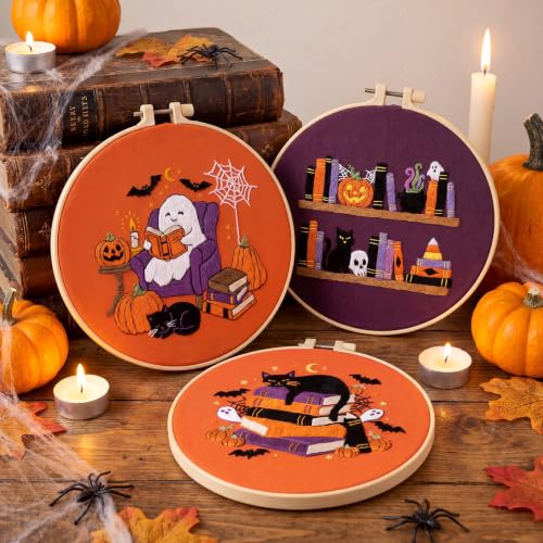 Image of Mindsoft 3 Set Needlepoint Kit for Beginners with Hoop,Halloween Booklover | Bamboo Hoop Thread Needles Instructions, Easy Hand Embroidery for Beginners Home Crafts,Pre-stamped Funny Cute Designs