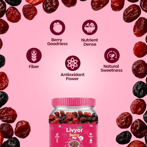 Image of Livyor 5 in 1 Berry Mix for eating - 400 gm | Good Source of Fibre | Dried Cranberries | Black Raisins | Cherries | Blueberries | Strawberries | Berry Blast | Berries dry fruits | Berries fresh | (Pack of 1)