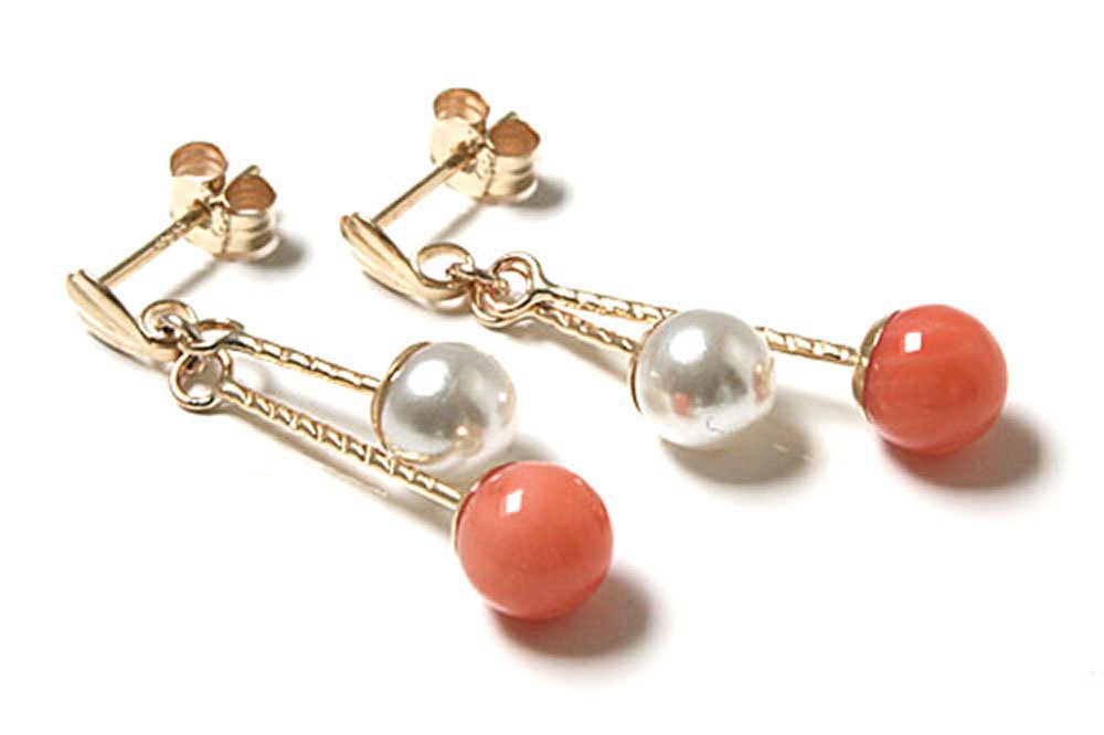 New 9ct Gold Coral and Pearl Drop Dangly Earrings