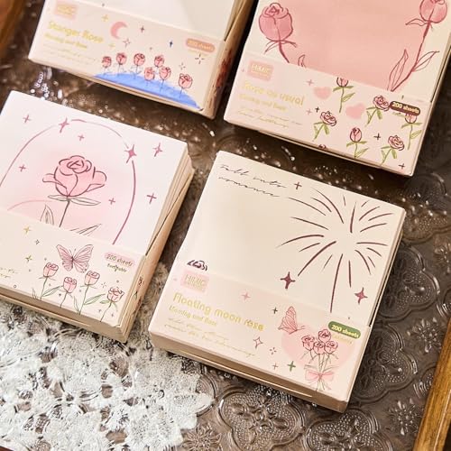 Image of Sticky Notes Set, Over 200 Rectangular Self-Stick Memo Pads with Delicate Heart, Rose & Butterfly Designs for Journaling, Office, Creative Projects (Multicolour) (3)