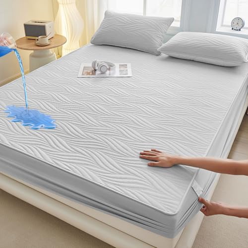 Sábana Bajera Ajustable Protector de colchón Impermeable Individual 150X200 Funda de colchón para Cama 30 cm de Profundidad con Banda de Goma elástica Impermeable Protector de Colchón Acolchado