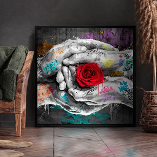 Peinture Toile Imprime Rose Fleur Mains Graffiti Abstrait au design épuré