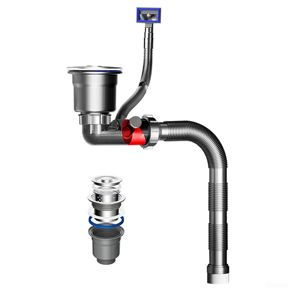 Juego de tubos de drenaje de doble fregadero, kit completo de fontanería de acero inoxidable PP, accesorios de aguas residuales gris, ajuste estándar para fregadero, neutralizador de olores, fácil